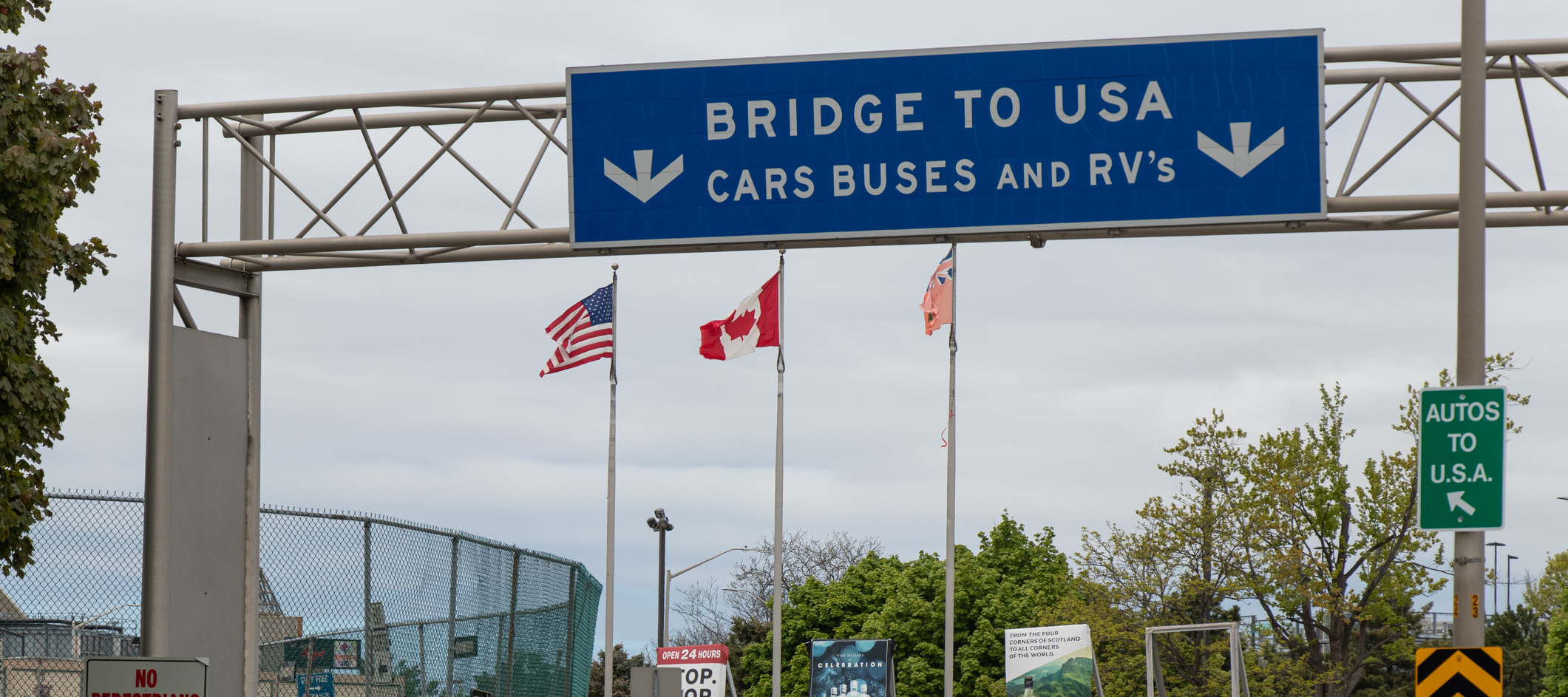 An empty Bridge to USA, entrance to the US-Canada border at Windsor, ON, during travel restrictions due to COVID-19