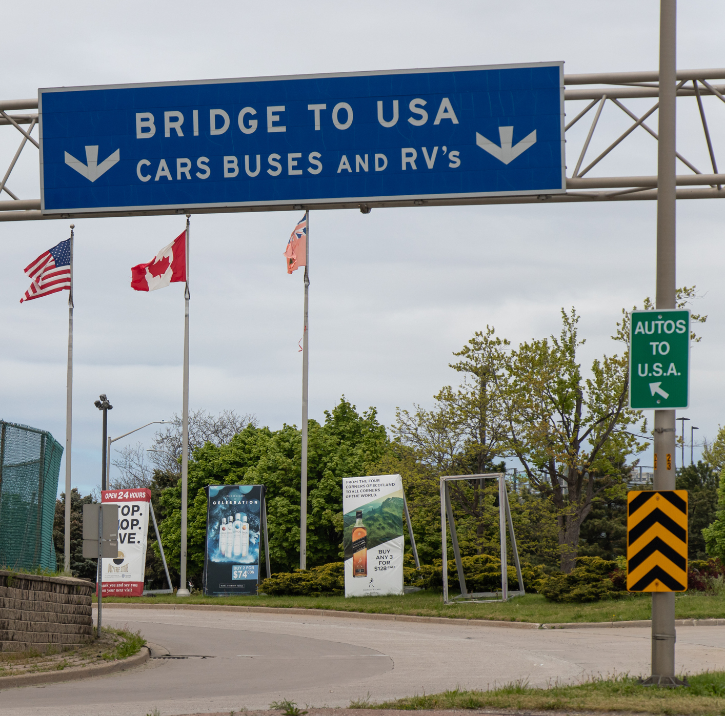 An empty Bridge to USA, entrance to the US-Canada border at Windsor, ON, during travel restrictions due to COVID-19