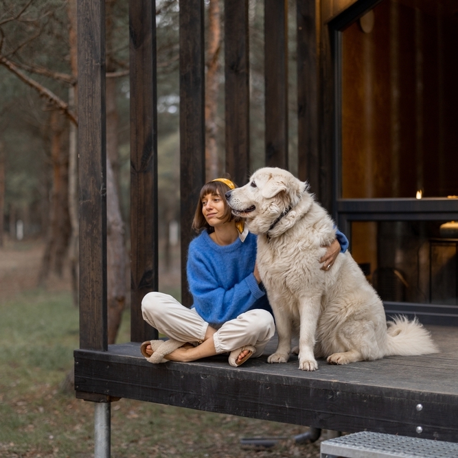 Young woman sitting on cottage porch with dog