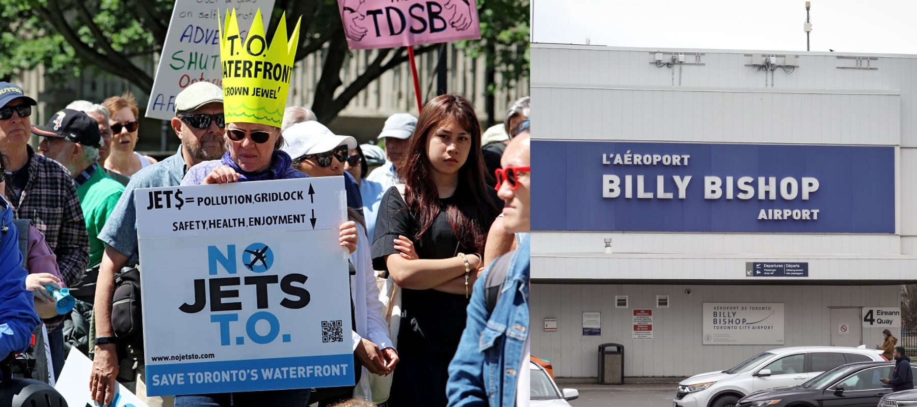 Image of protestors at a rally about Billy Bishop expansion, photo of Billy Bishop airport building