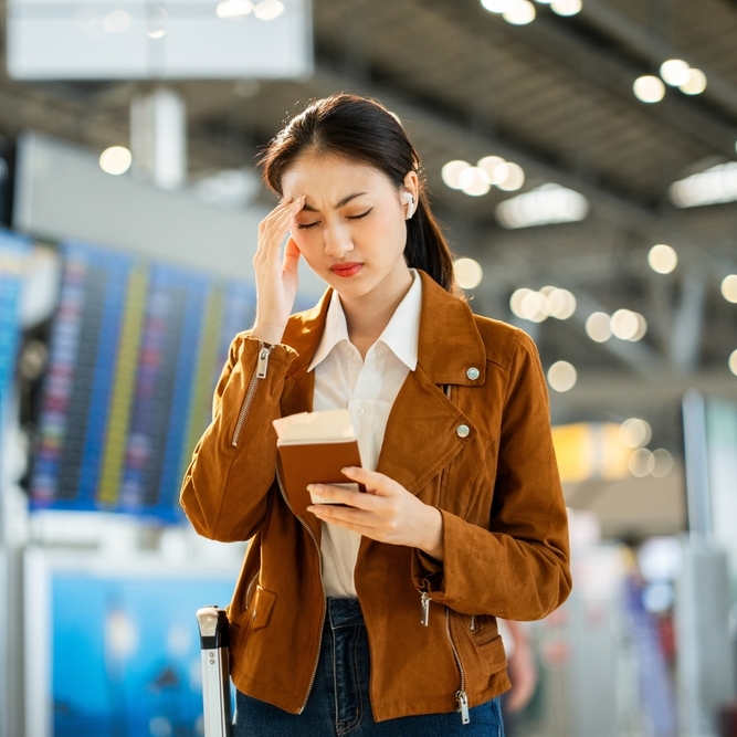 Woman holding passport in an airport looking stressed