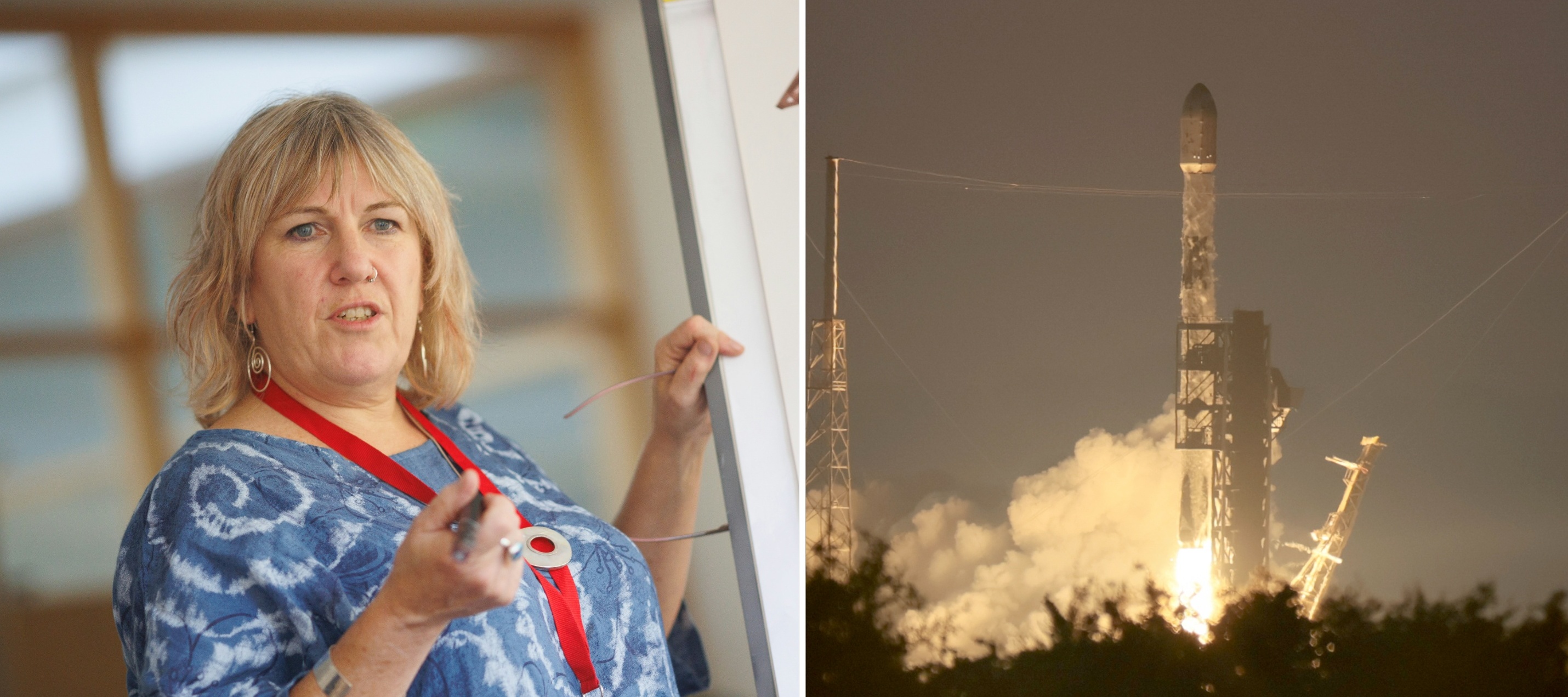 A compilation image of a woman teaching a class and a SpaceX rocket taking off.