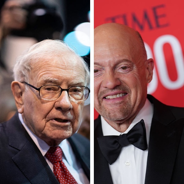 Photo of Warren Buffett beside a photo of Jim Cramer
