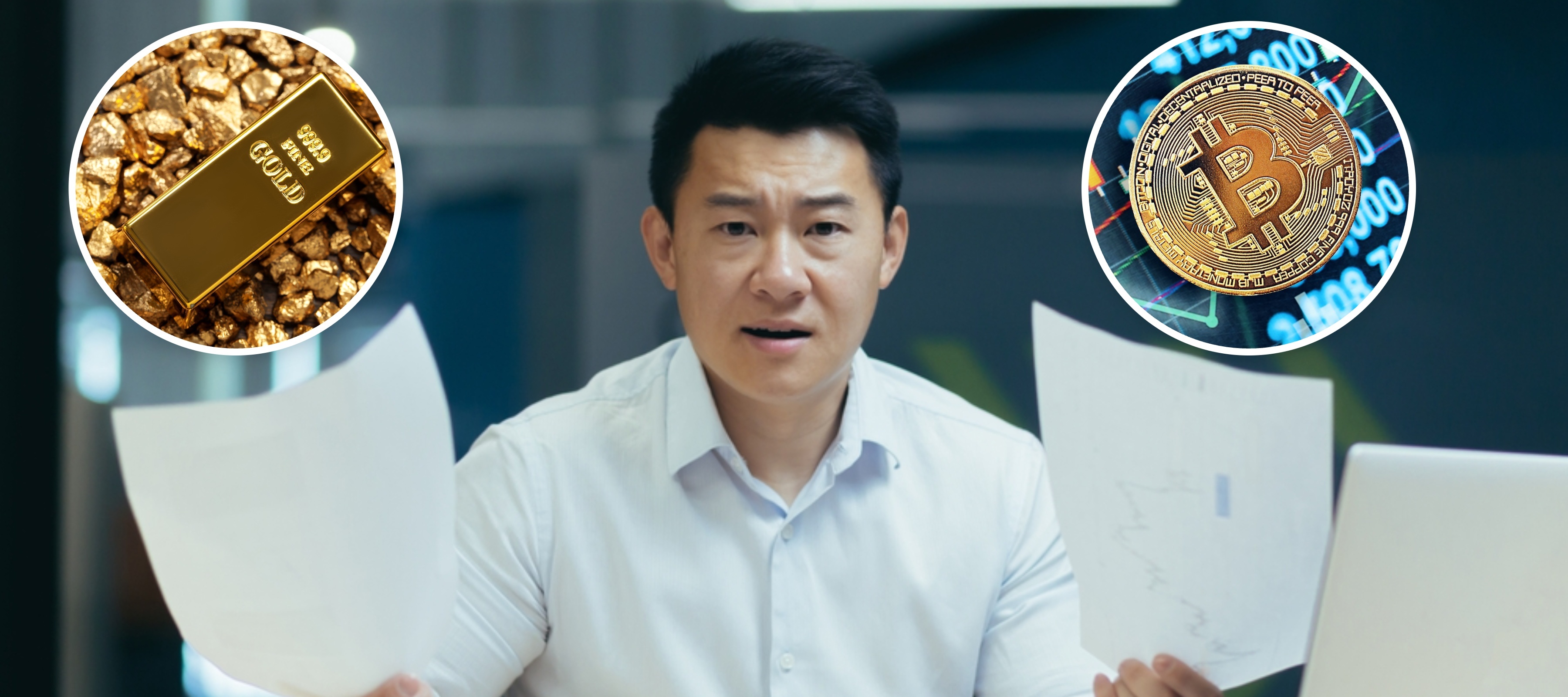 Frustrated man holding up papers in both hands, image of a bold bar in bubble on the left, image of bitcoin in bubble on the right