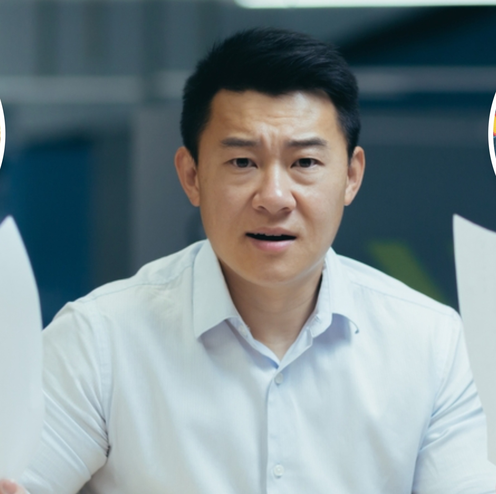 Frustrated man holding up papers in both hands, image of a bold bar in bubble on the left, image of bitcoin in bubble on the right