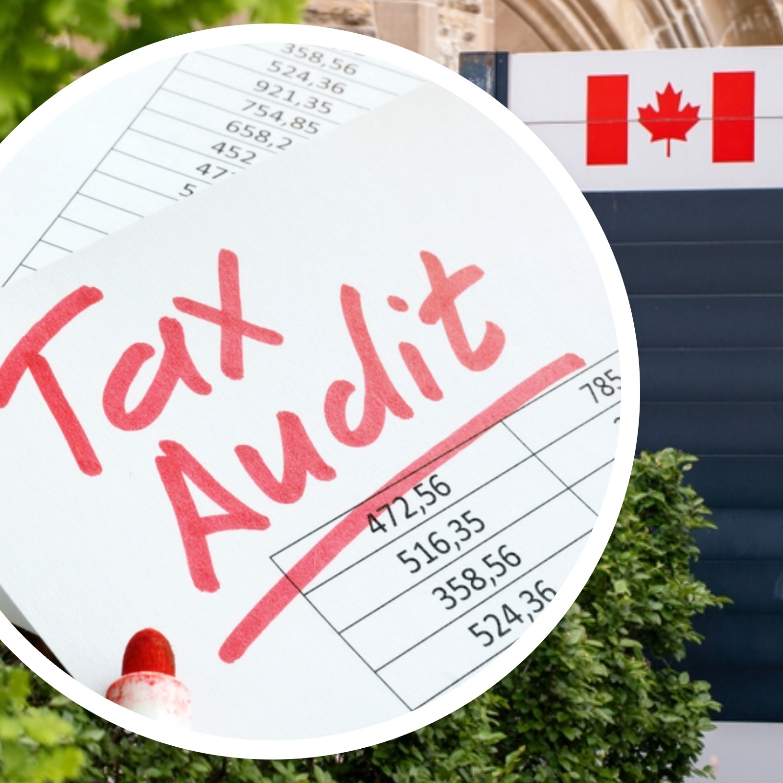 (Inlay) image of tax audit paperwork | Canada Revenue Agency sign in Ottawa