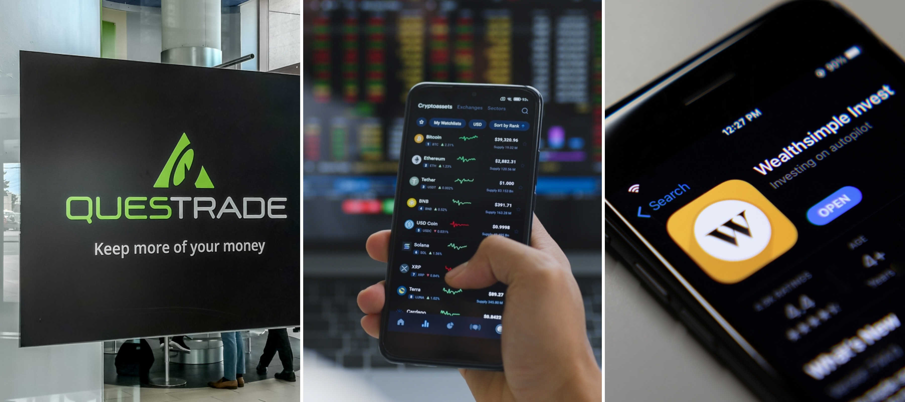 Questrade signage in Toronto + image of investor trading on their phone + Wealthsimple mobile trading app