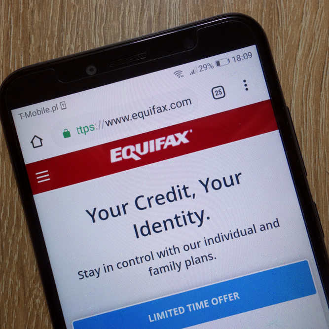Equifax website (www.equifax.com) displayed on smartphone