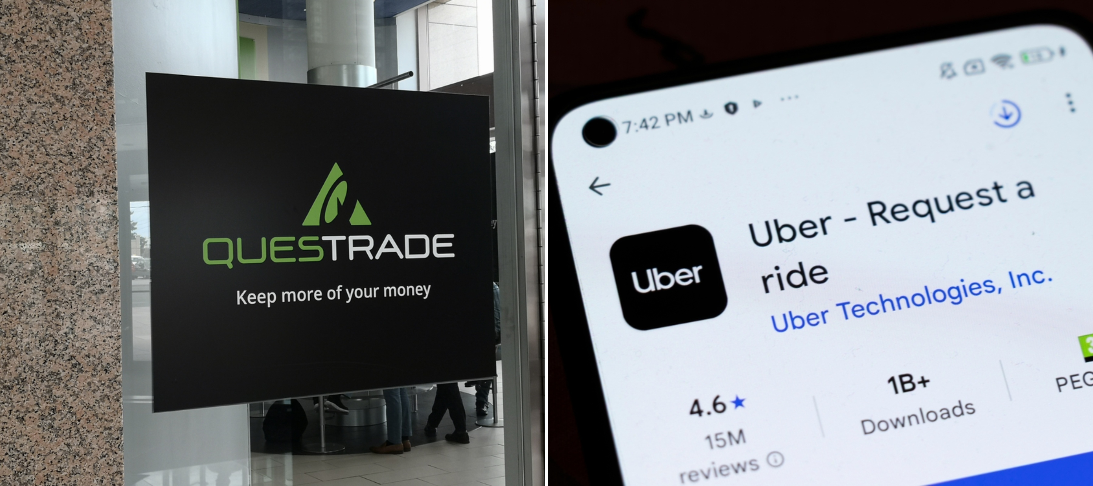Questrade sign at Toronto office + Close-up of a smartphone screen displaying the Uber app