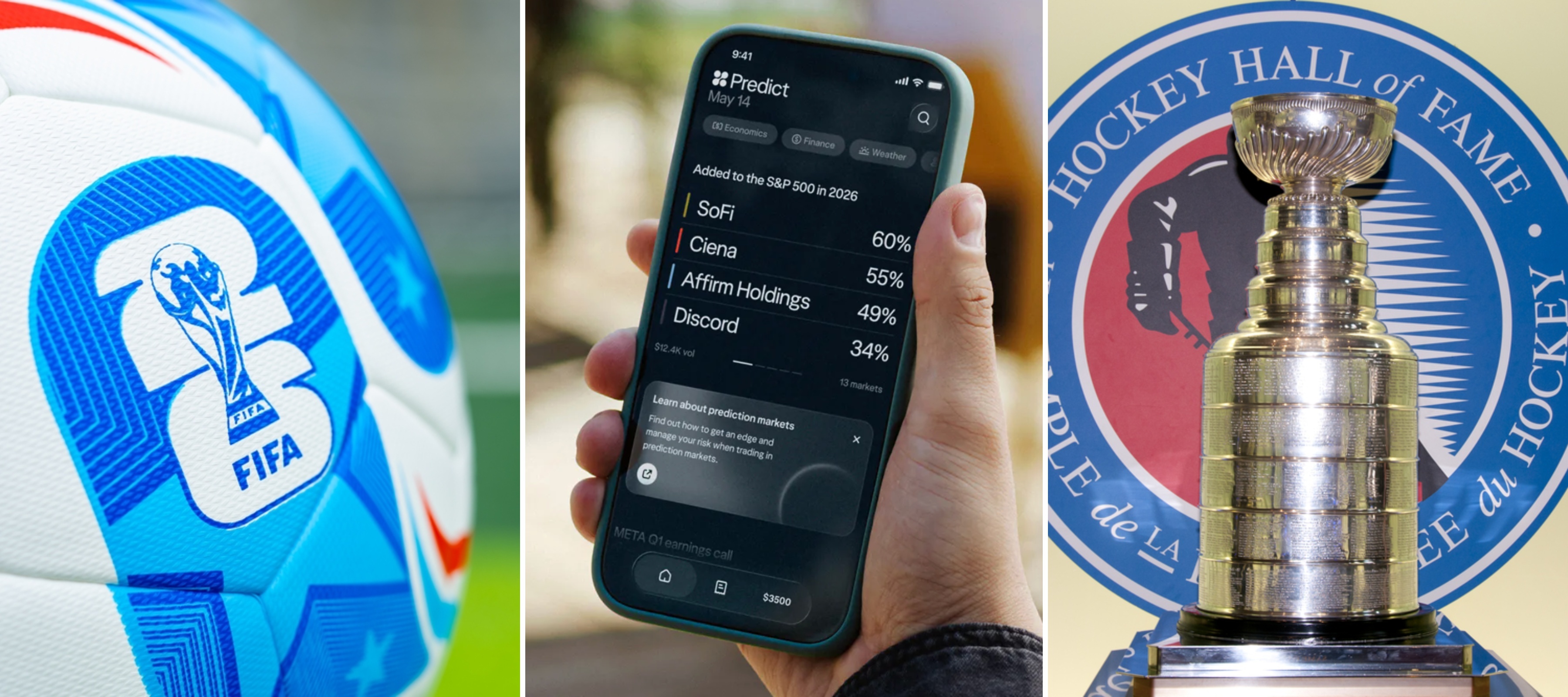 (L) FIFA soccer ball | (C) Wealthsimple Predict app | (R) NHL Stanley Cup