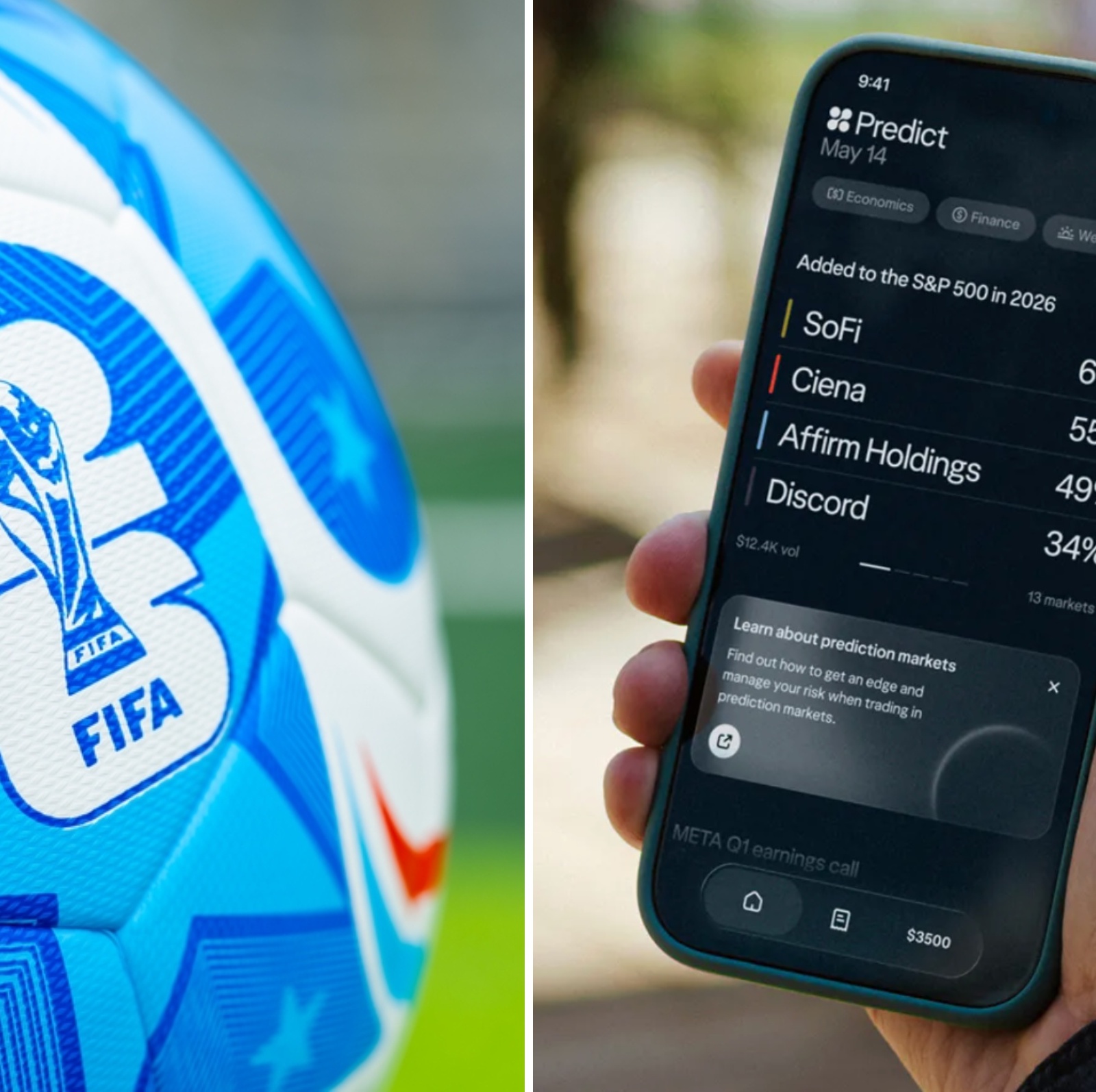 (L) FIFA soccer ball | (C) Wealthsimple Predict app | (R) NHL Stanley Cup