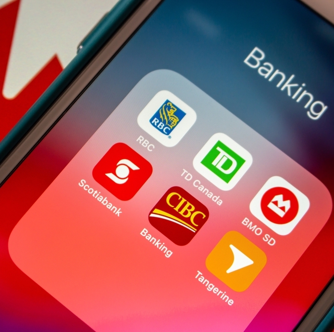 opular Canadian banks, Royal Bank of Canada, TD Canada Trust, Bank of Montreal, Scotiabank, Canadian Imperial Bank of Commerce, Tangerine on iPhone