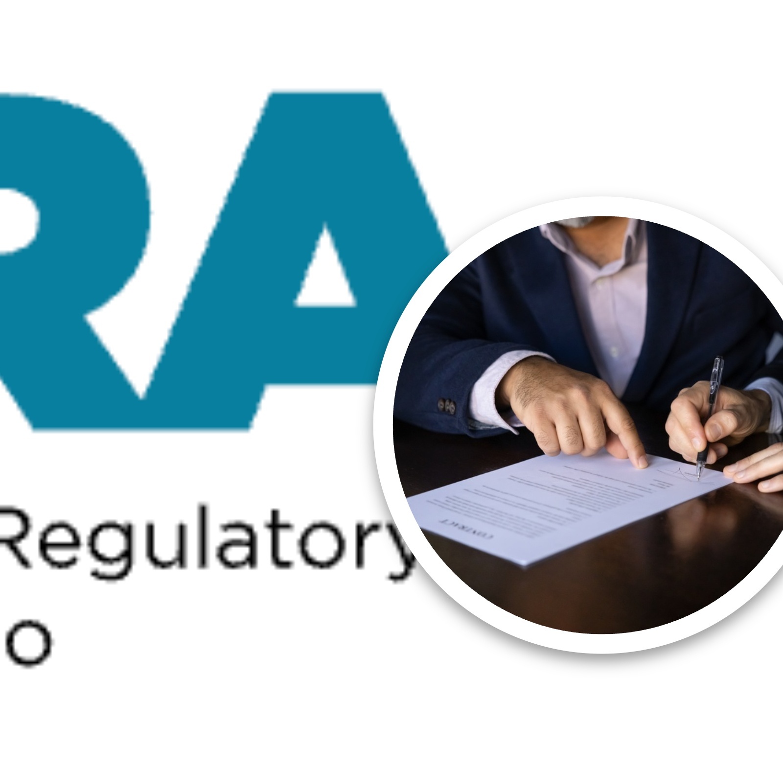 Screenshot of FSRA homepage logo | Closeup shot of man signing sales agreement