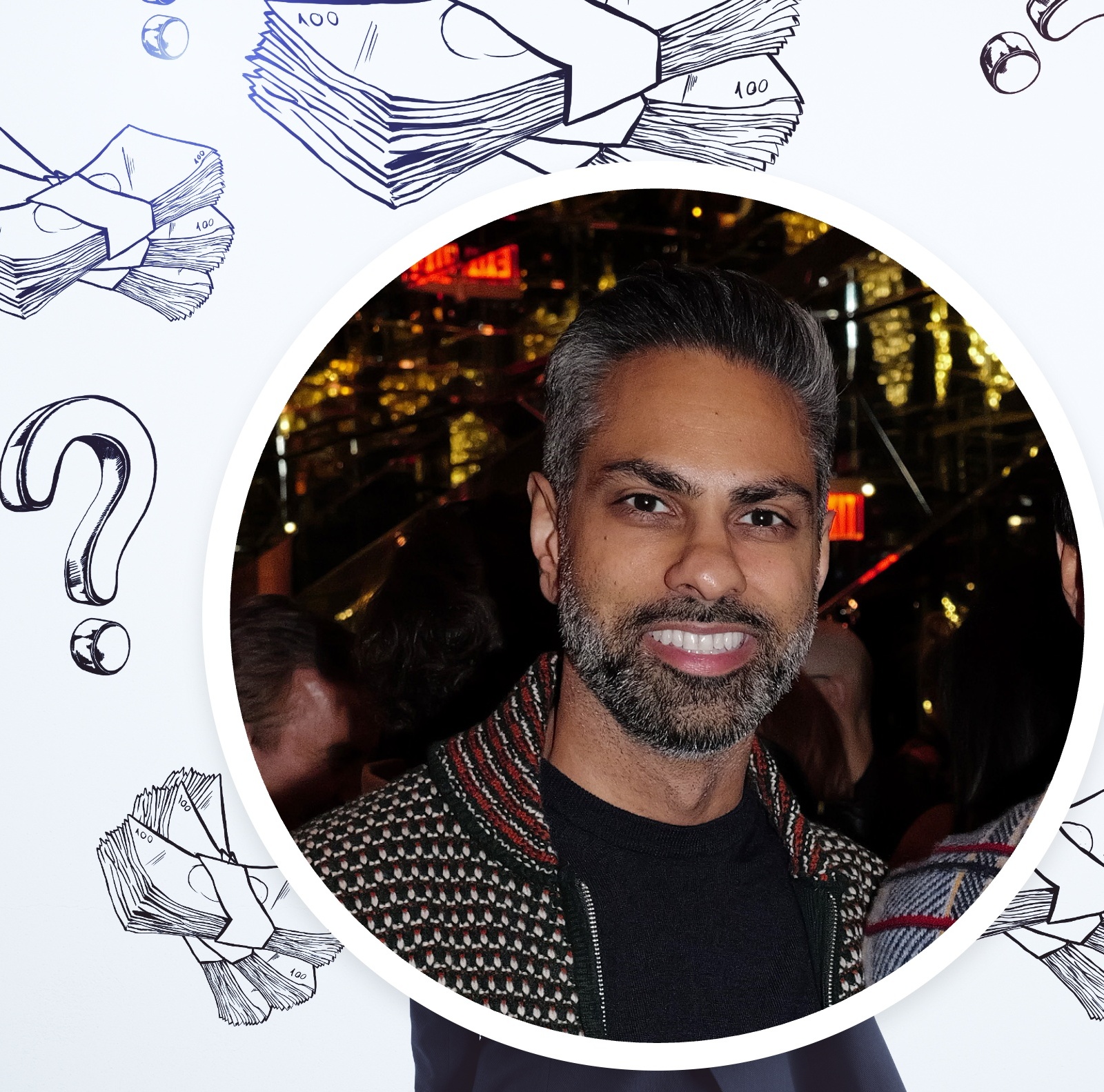 White wall with handwritten sketch of money and question marks (Inlay) Ramit Sethi attends the Bilt Holiday Kick Off 2025