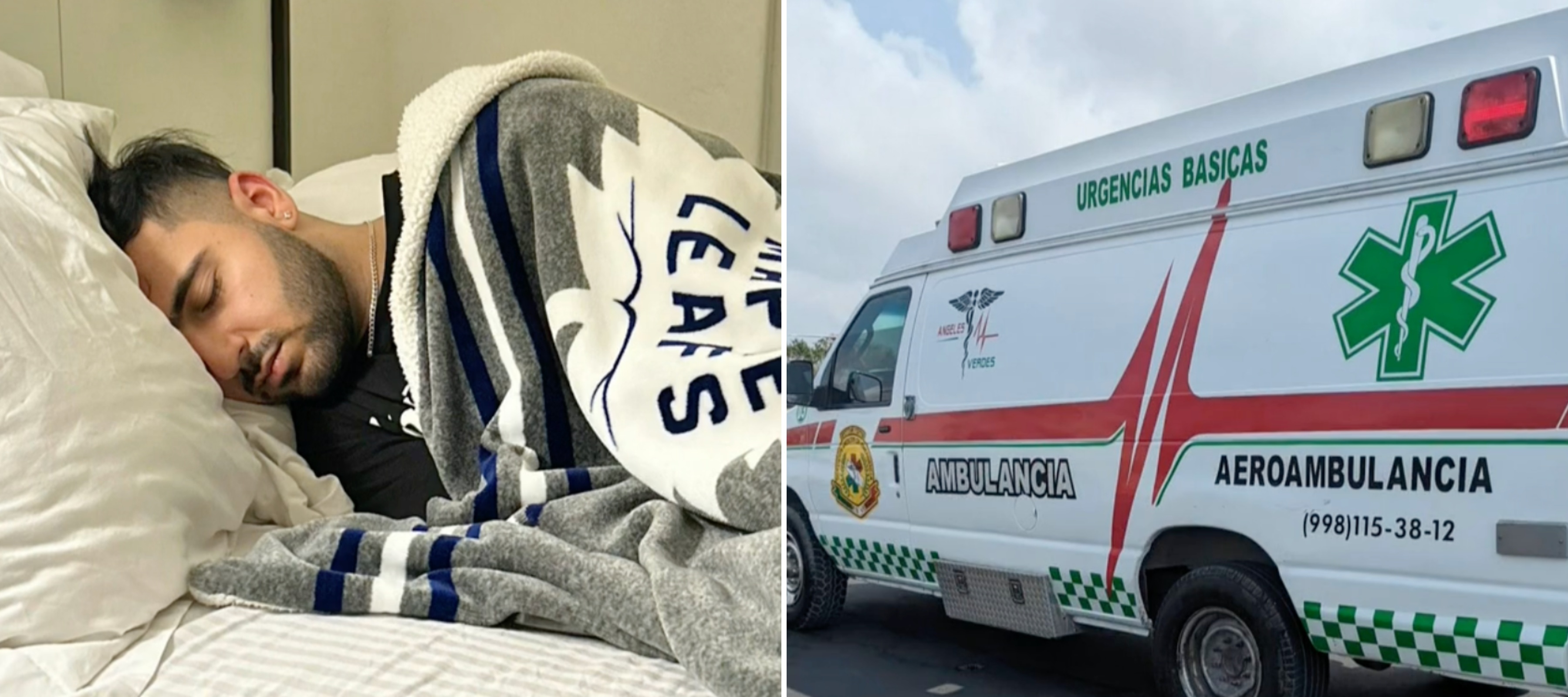Man laying in bed wrapped in a blanket next to an image of a Mexican ambulance