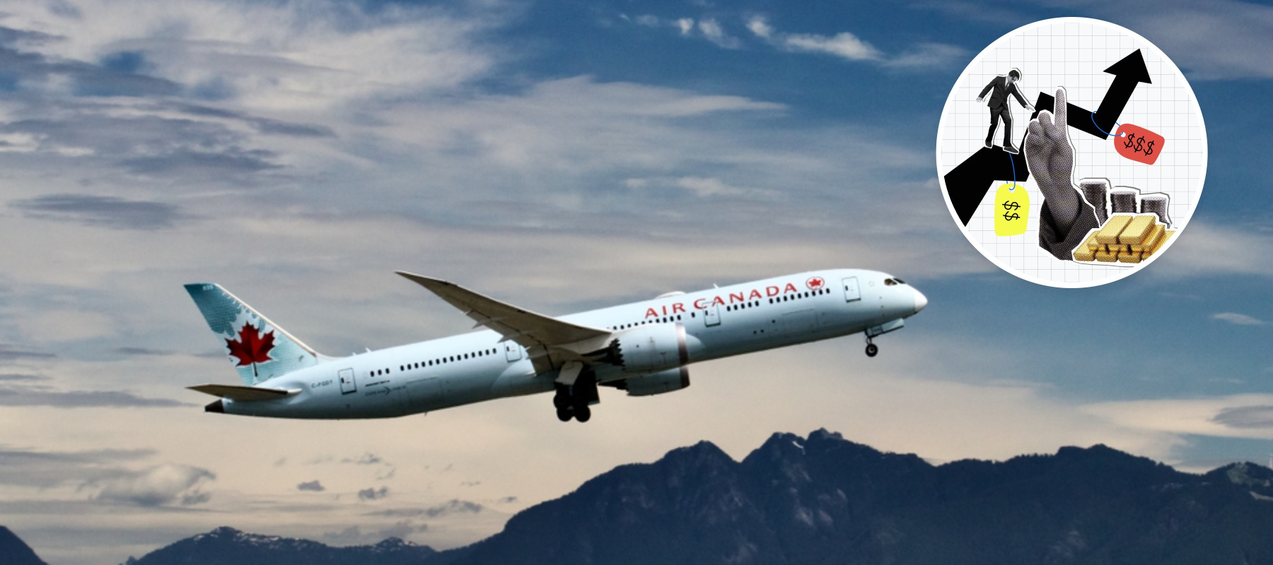 Air Canada commercial airliner taking off, Collage Gold price analysis with upward trends and financial symbols.