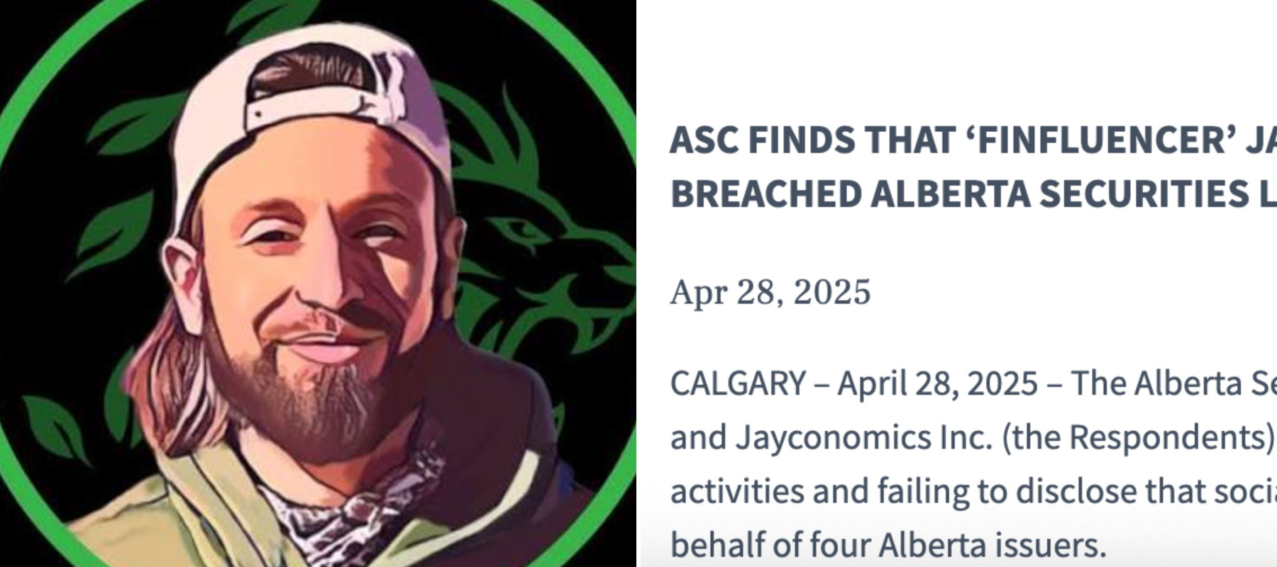 Stylized image of James Domenic Floreani, creator of Jayconomics + Screenshot of Alberta Securities Commission