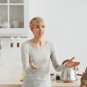 Quarrel at home, screams, angry couple, family problems and scandal