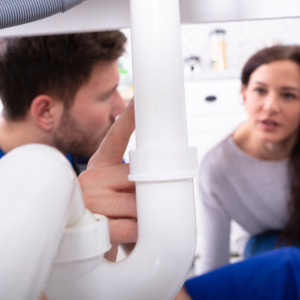 Homeowner and plumber discussing a plumbing issue in a home