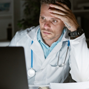Tired doctor working late in the hospital office with laptop and paperwork