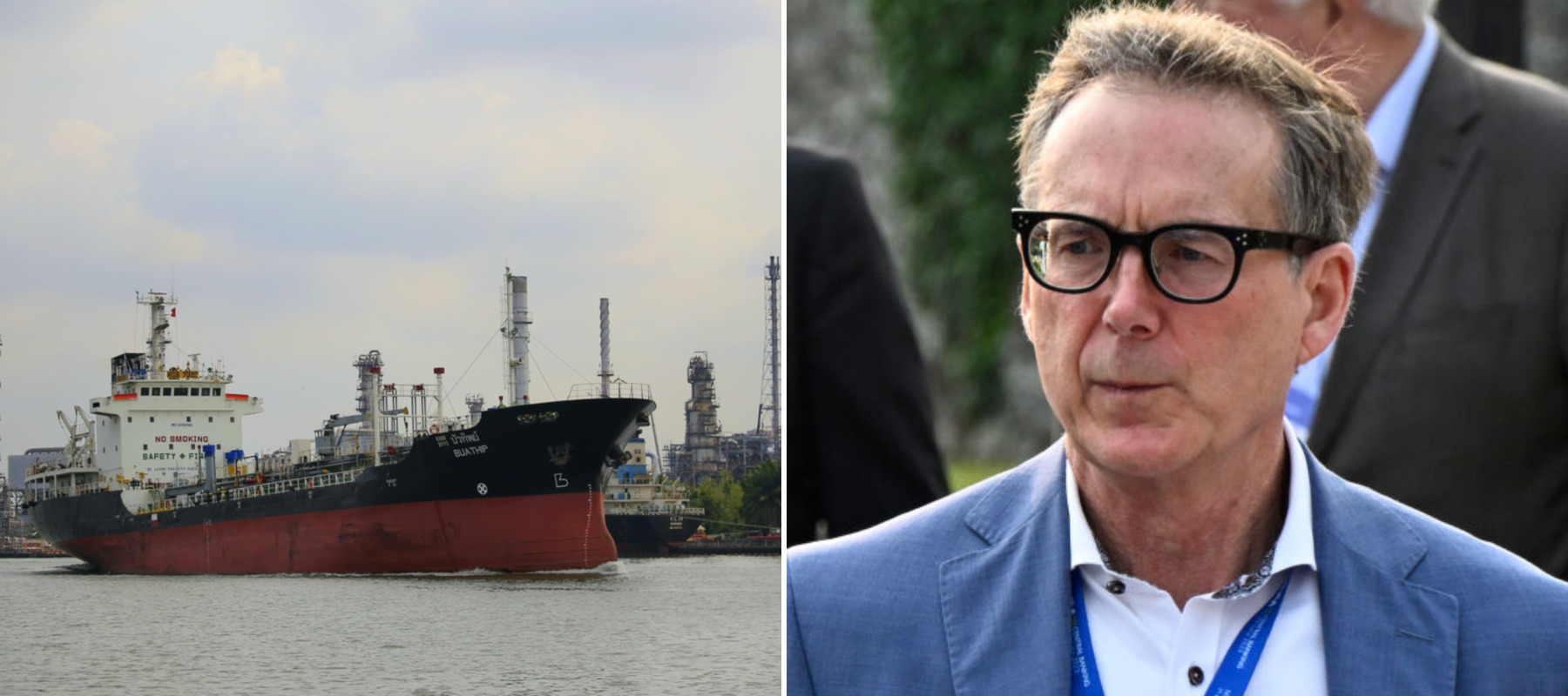 Tanker in the Strait of Hormuz, Feb 2026 + Bank of Canada Governor Tiff Macklem at the 2023 European Central Bank Forum on Central Banking