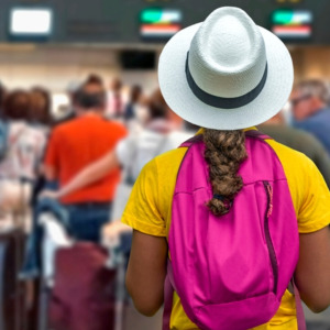 Tourist girl waiting in long lines to check in baggage at crowded airport counters
