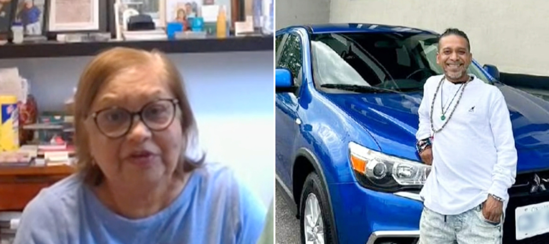 Woman on the left side, her son standing in front of a vehicle on the right
