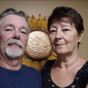 Portrait of Cindy Thompson and Glenn Brown next to a photo of Harry Robinson