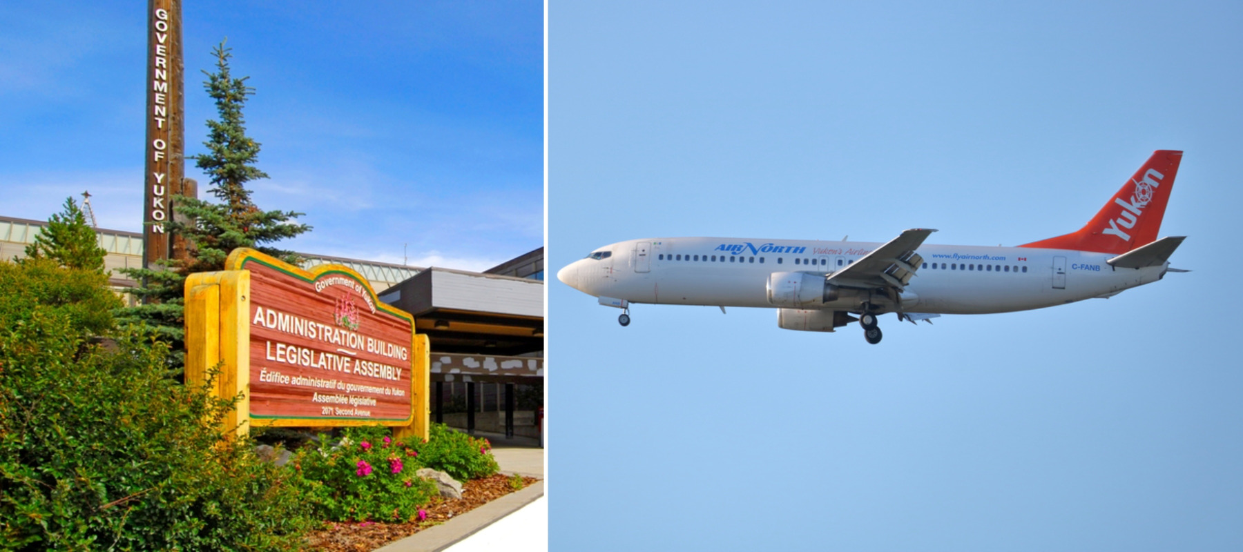 Legislative Assembly Whitehorse Yukon Territory + A Yukon Air Northern passenger jet approaches YVR airport