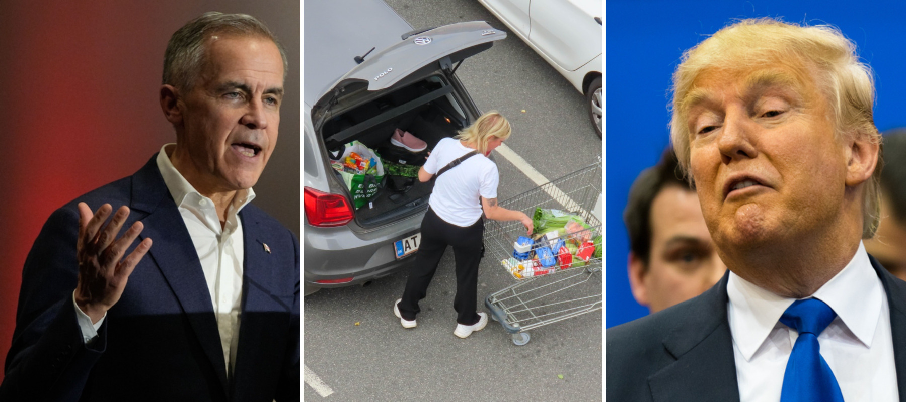 Mark Carney at a Liberal rally + Woman putting groceries in her car + Donald Trump