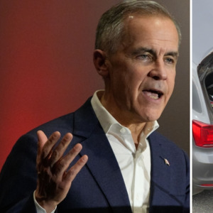 Mark Carney at a Liberal rally + Woman putting groceries in her car + Donald Trump