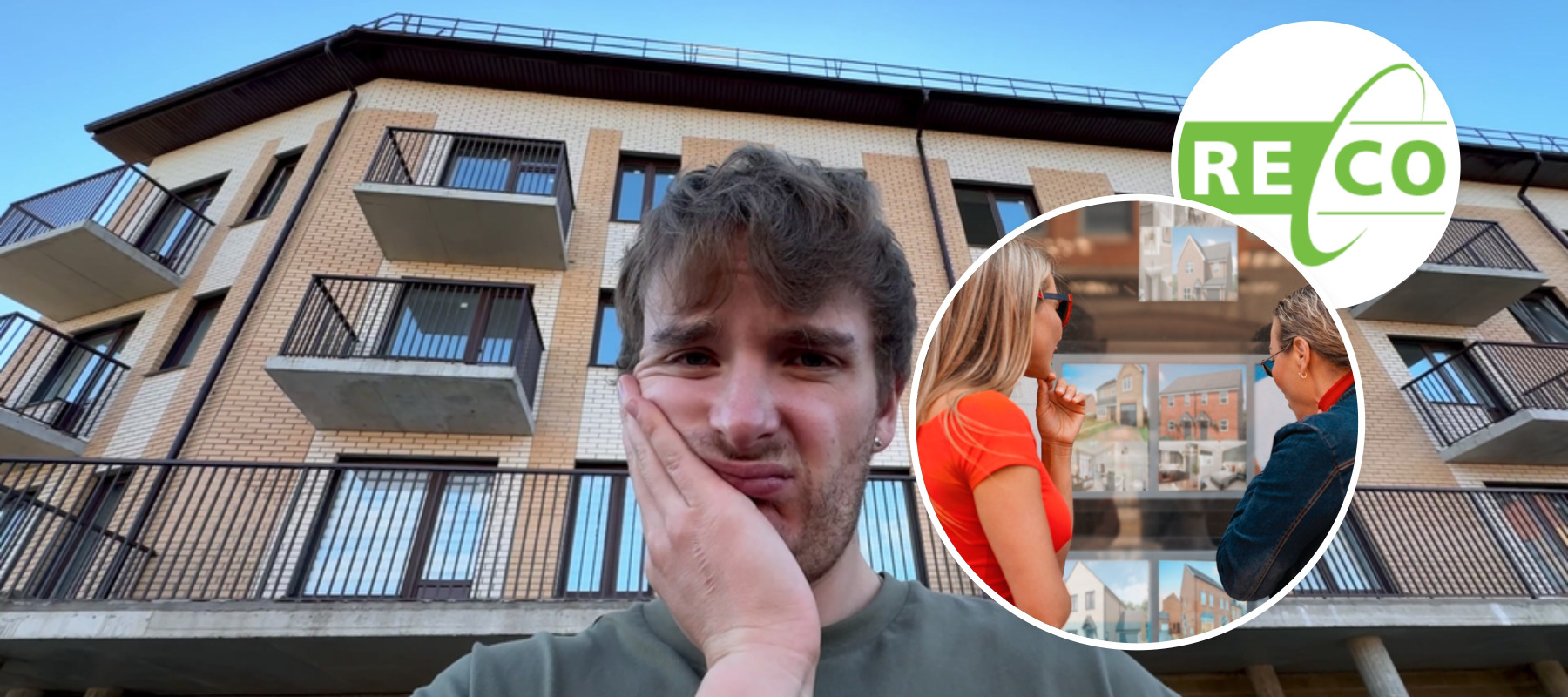 Upset young man outside of condo building + (Inlay) Women looking at real estate listings + (Inlay) RECO logo screenshot