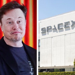 Image of Elon Musk and an image of the SpaceX office beside it