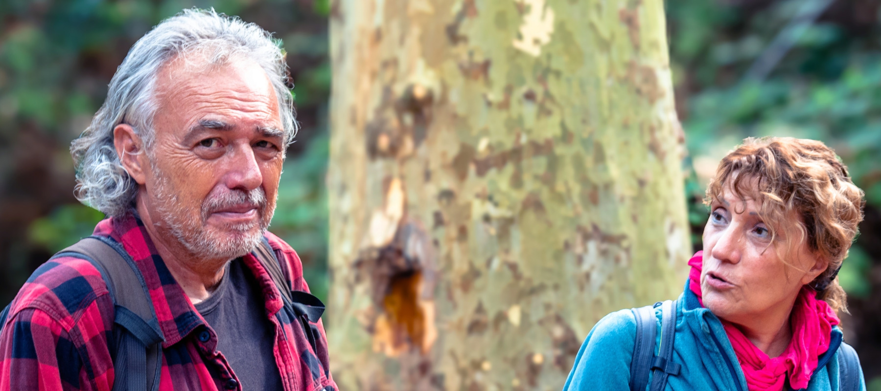 An older couple take a brief break on a hike through a dense forest.