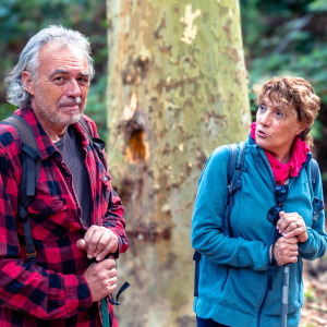 An older couple take a brief break on a hike through a dense forest.