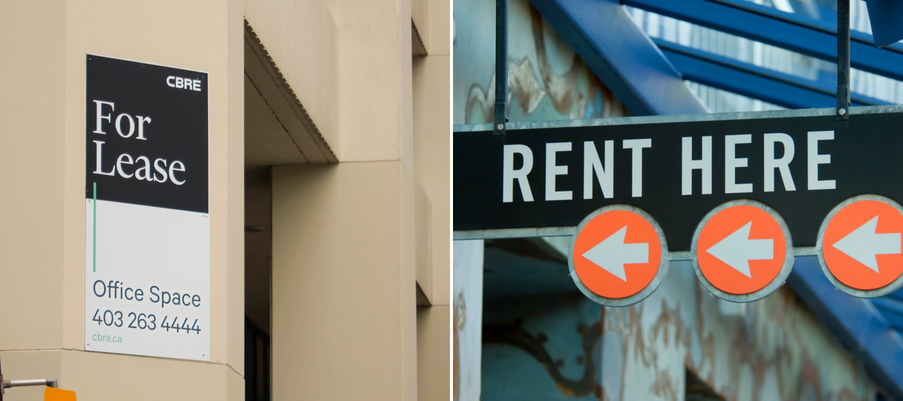 For Lease office space sign in Calgary + Rent here sign apartment complex