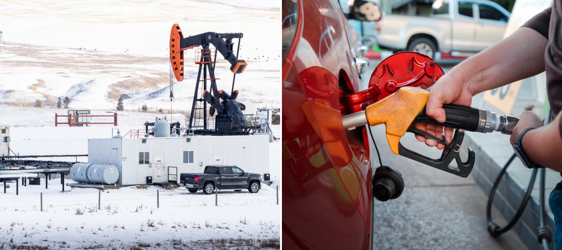 Oil drilling site in Rocky View County Alberta Canada, January 20 2024 + Closeup of hands refueling gasoline into a red car