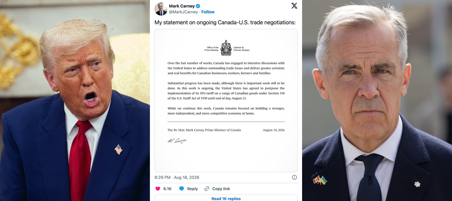 President Donald Trump + Screenshot of PM Carney's Aug 18 statement + Prime Minister Mark Carney