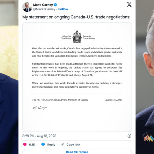 President Donald Trump + Screenshot of PM Carney's Aug 18 statement + Prime Minister Mark Carney