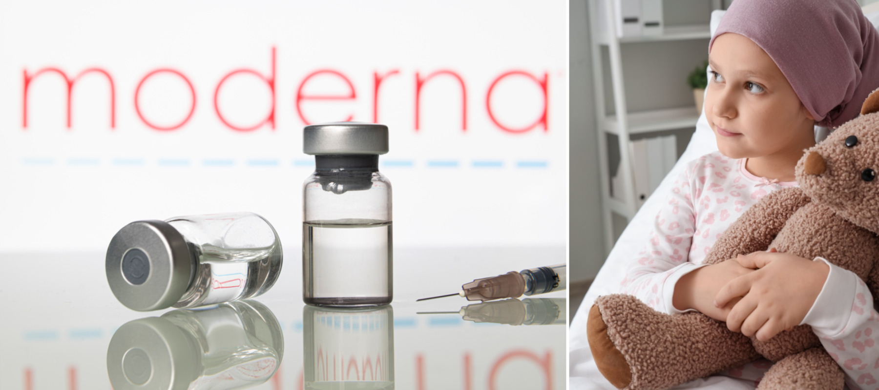 Vials and syringe with Moderna logo + Child undergoing cancer treatment hugs a teddy-bear