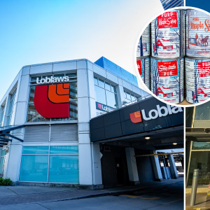 Photo of Loblaws and Sobeys storefronts with a image of maple syrup cans overtop