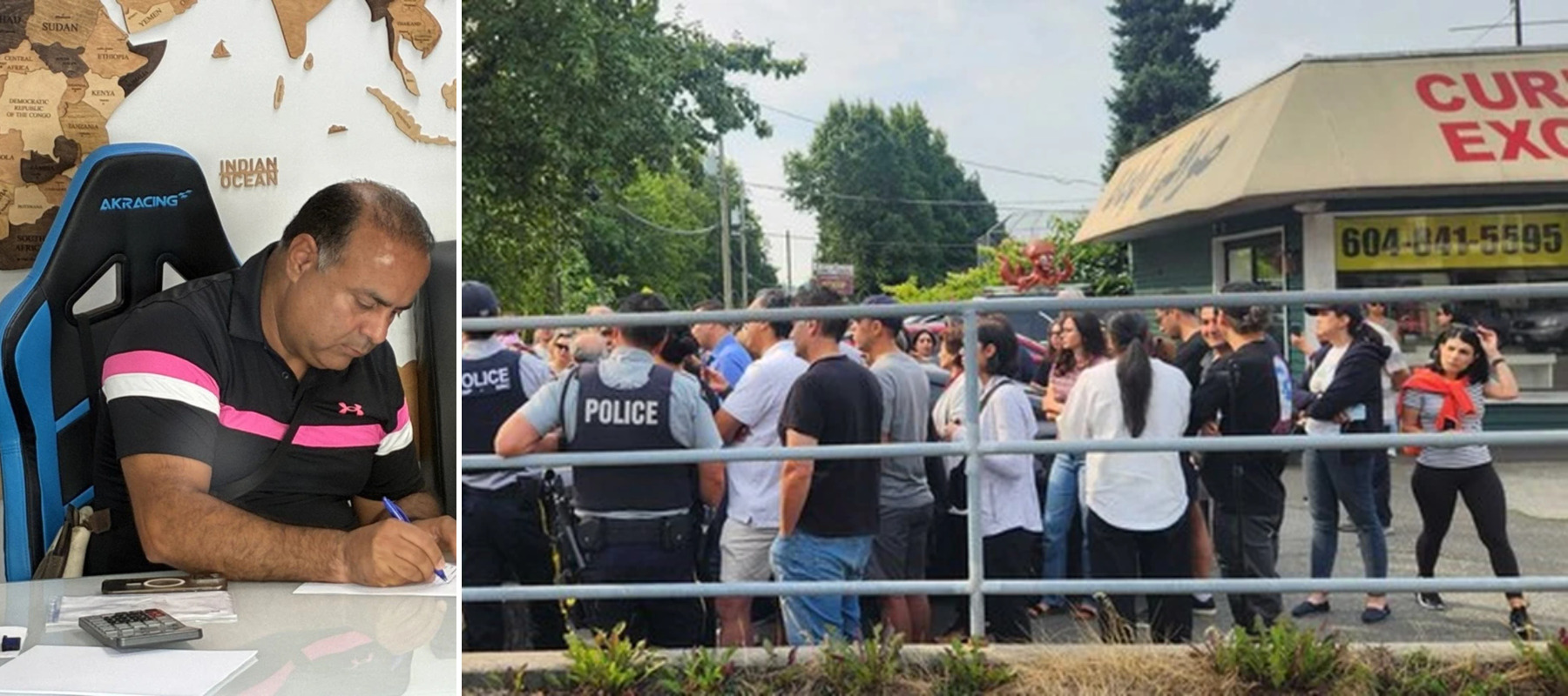 Hamidreza Karimi + Police monitor as customers gather outside Apadana Currency Exchange in North Vancouver, BC on Aug 17, 2026