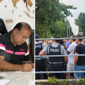 Hamidreza Karimi + Police monitor as customers gather outside Apadana Currency Exchange in North Vancouver, BC on Aug 17, 2026