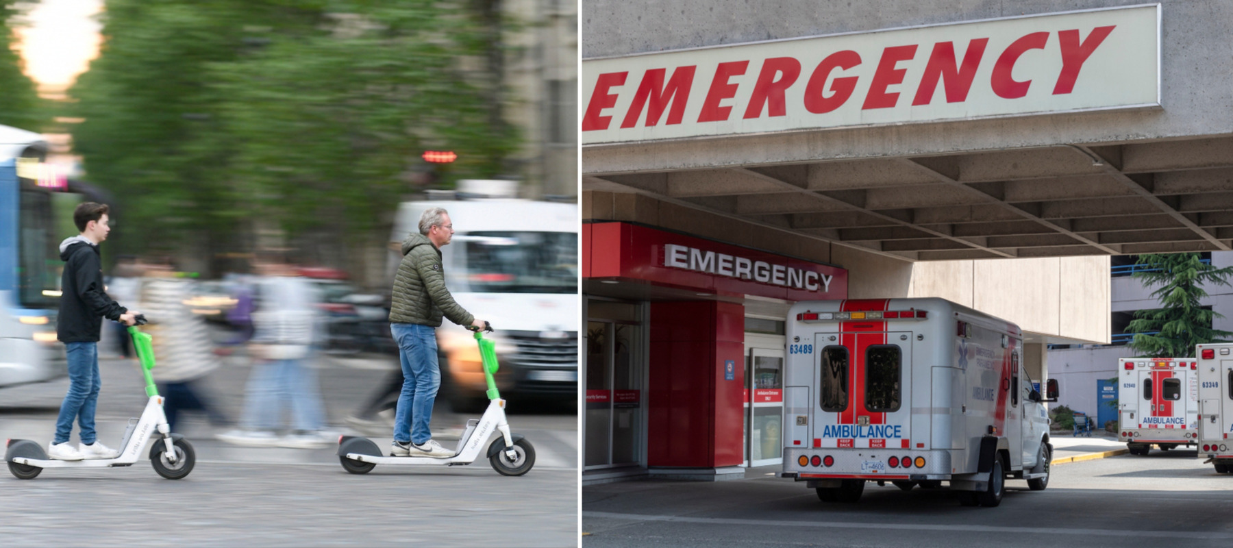 Urban e-scooter riders cross a street + Emergency room entrance