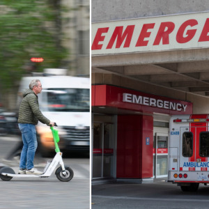 Urban e-scooter riders cross a street + Emergency room entrance