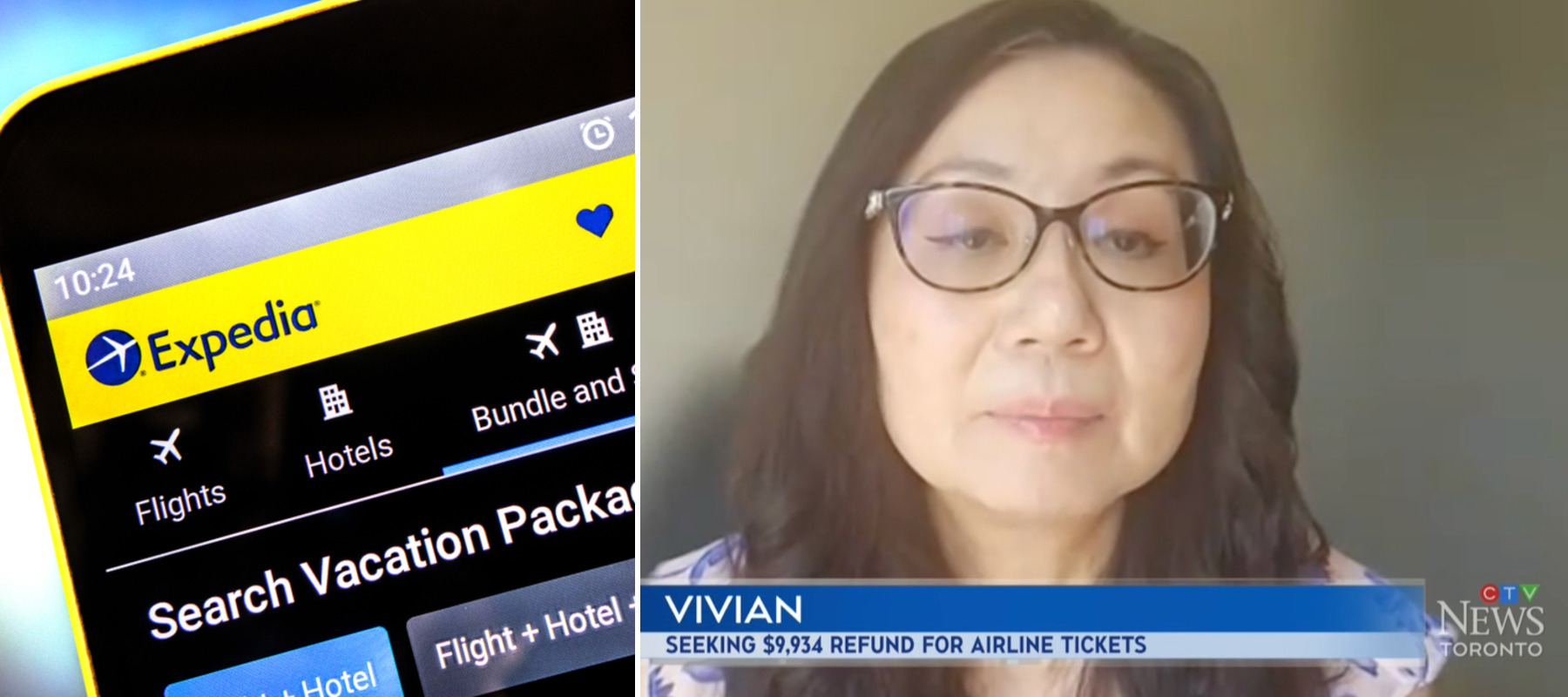 Expedia app on a smartphone + Vivian speaks to CTV News Toronto