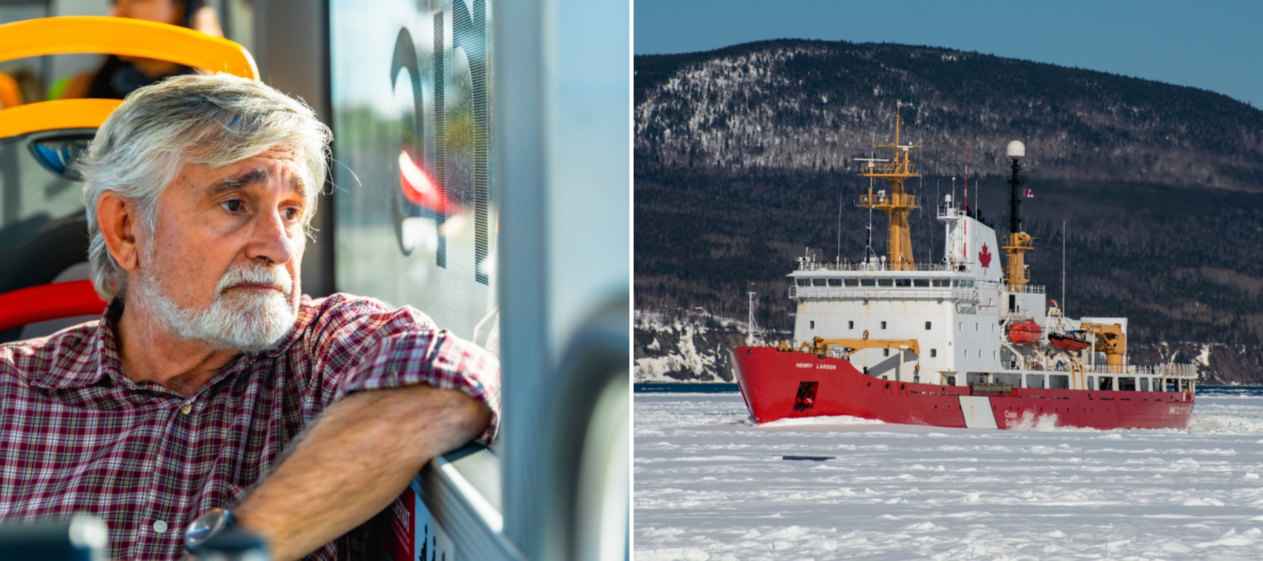 Older man looks out of a bus window + Canadian icebreaker