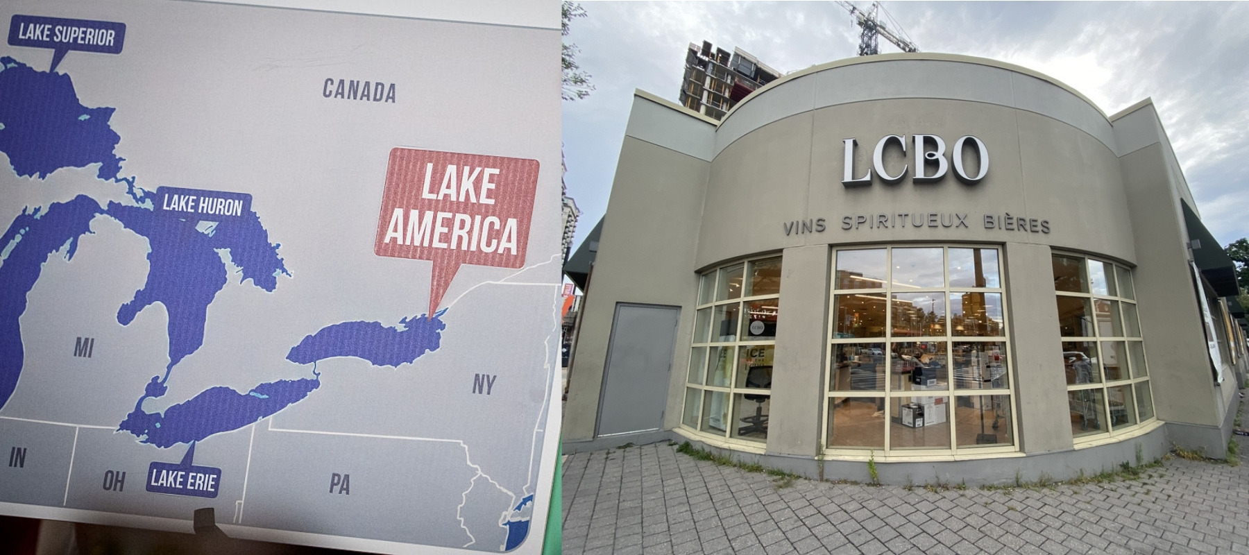 Image of Trump presenting new map with Lake America and an image of an LCBO storefront