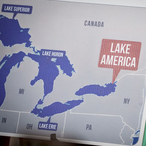 Image of Trump presenting new map with Lake America and an image of an LCBO storefront