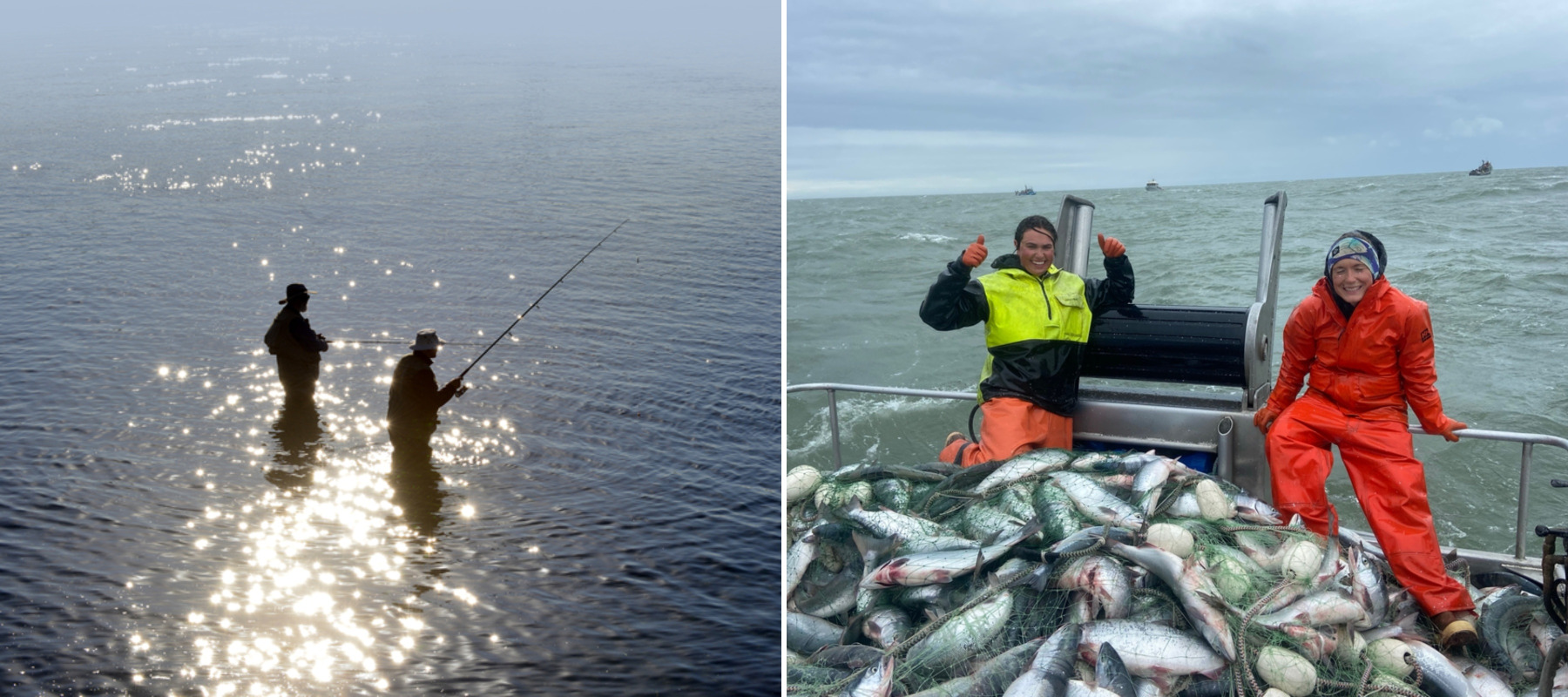 Two people fish in the morning fog + Female commercial fishermen in Bristol Bay, Alaska